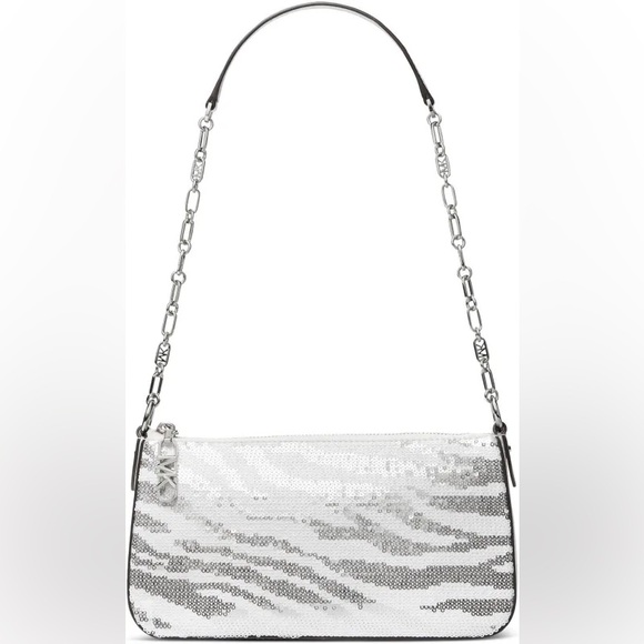 Michael Kors Silver snd White Sequin shoulder bag Empire medium chain pouchette - Picture 1 of 5